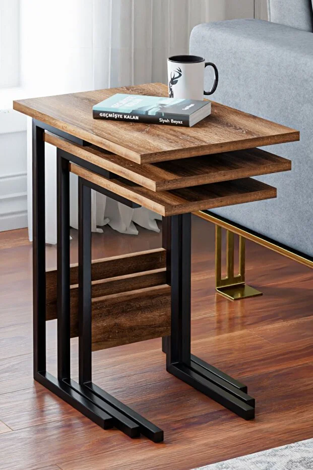 Zg3 Metal Ayaklı 3'lü Zigon Sehpa - Ceviz